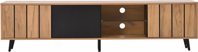Mobile TV basso, 3 ante e mensola centrale semi-aperta a due livelli con vetro, 175x31,5x45 cm, Colore naturale+Nero