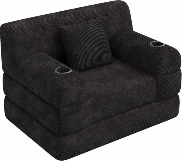 Poltrona letto 1 posto 107x80x81 cm in velluto a coste con portabevande; nera