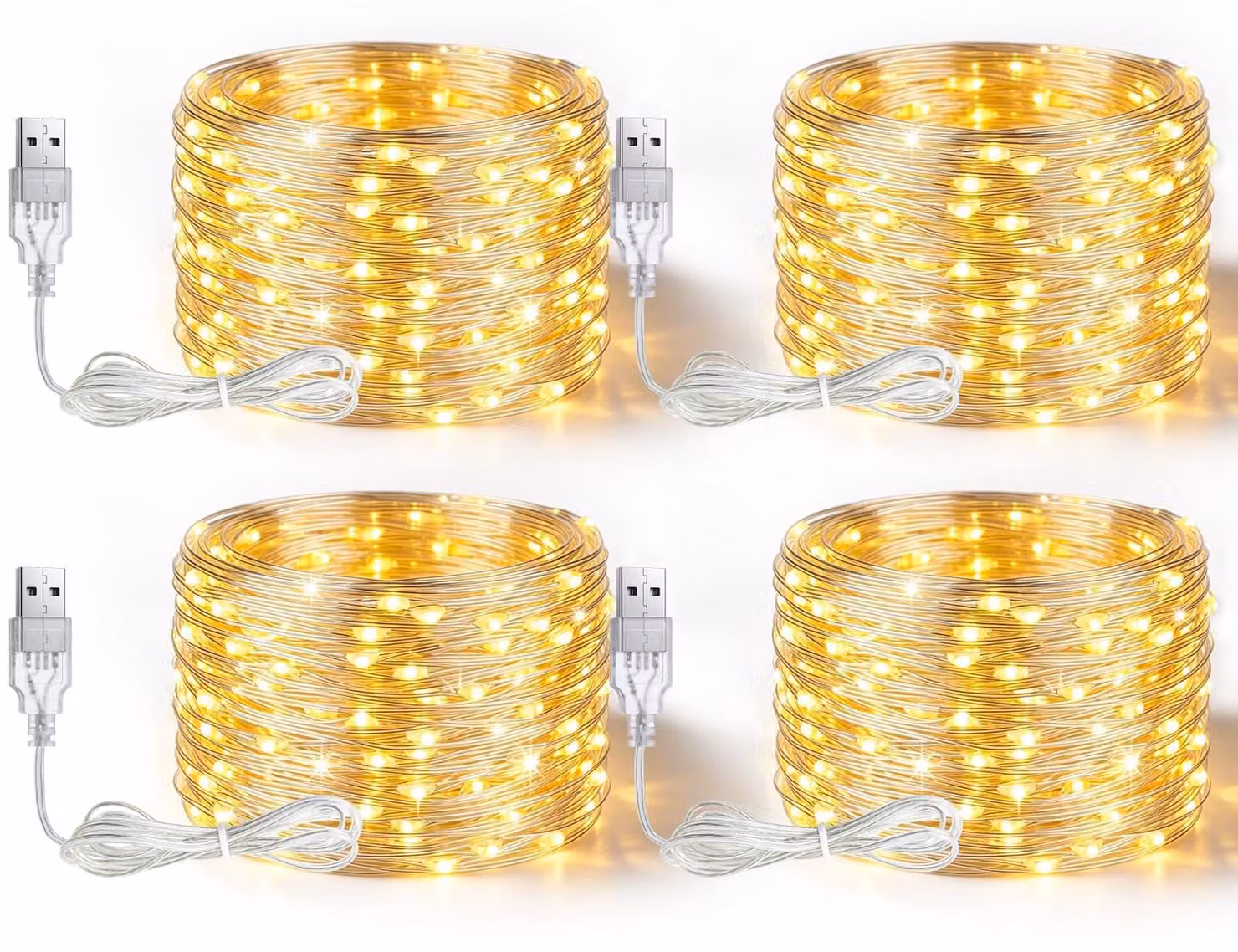 Set di 4 catene luminose USB, lunghezza 5 metri, 50 LED, luce bianco caldo