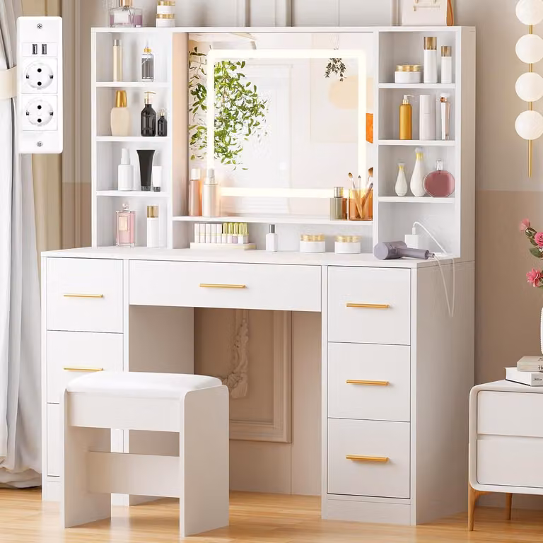 Ampio tavolo da toilette con illuminazione a LED e prese di corrente bianco 140x100x40cm