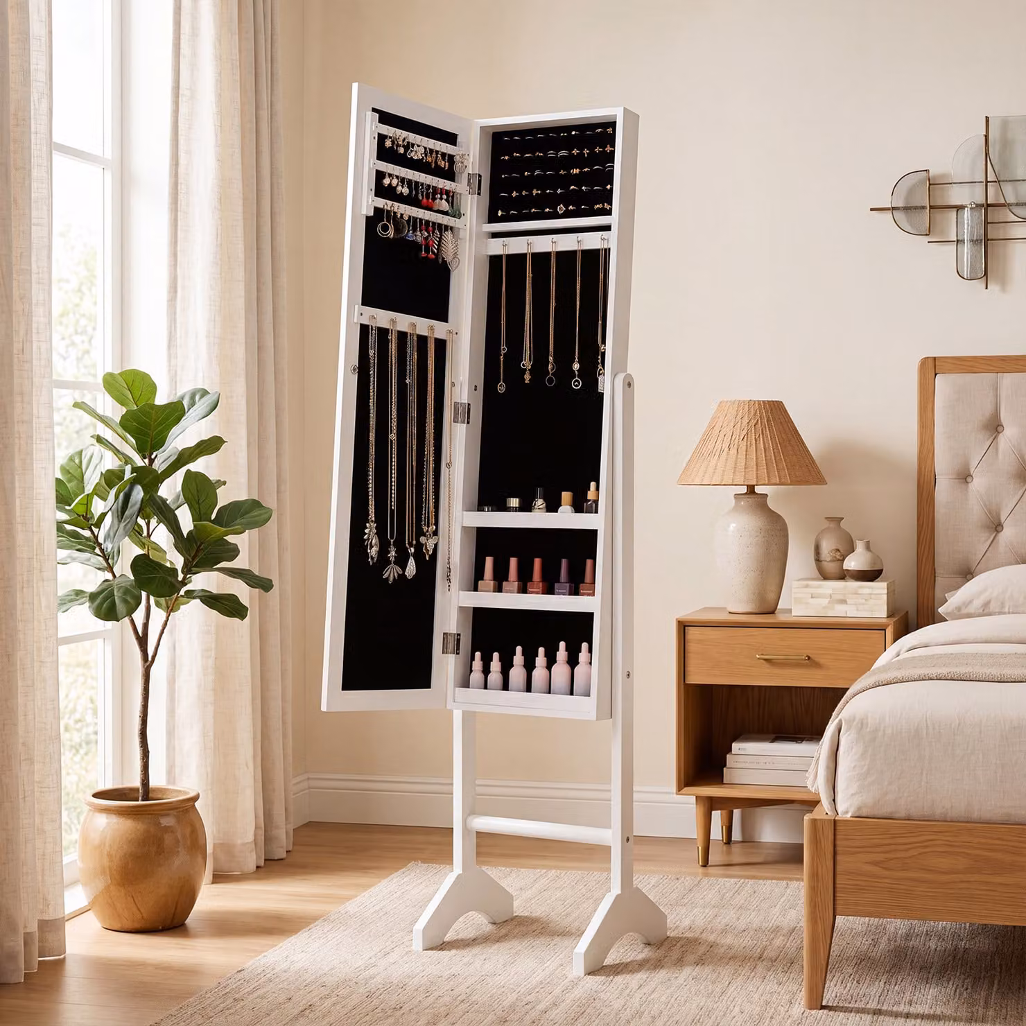 Specchio portagioie da terra 2-in-1 Costway bianco con scomparti, ganci e ripiani per camera da letto e soggiorno