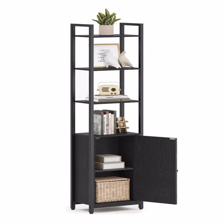 Libreria Scaffale Verticale con Anta Struttura in Metallo Ripiani Regolabili, Nero Ebano + Nero Inchiostro / 24 x 40 x 159,5 cm