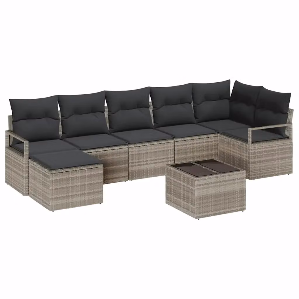 Set di divani da giardino vidaXL in polyrattan grigio chiaro con cuscini e tavolino da esterno, composizione a L da 9 pezzi – 2