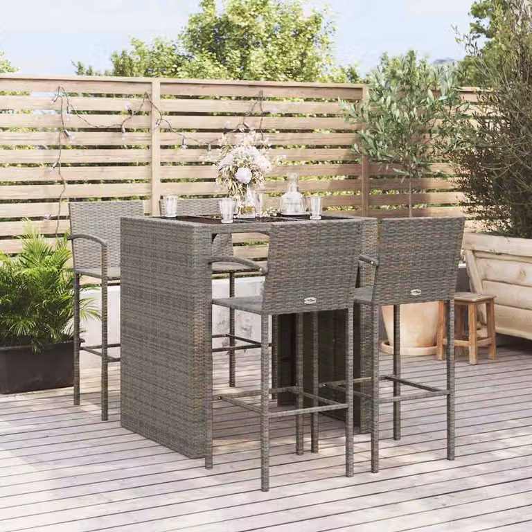 Set da Bar da Giardino vidaXL in Polyrattan Grigio e Nero con Piano in Vetro, 5 Pezzi
