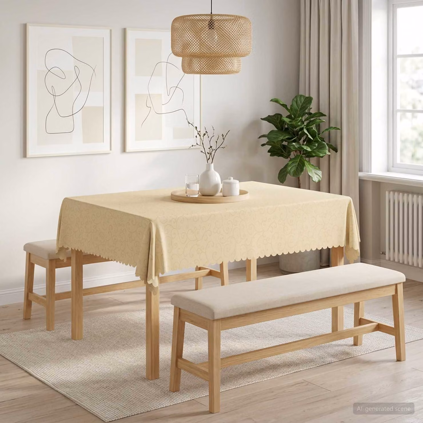 Tovaglia rettangolare vidaXL in jacquard con motivo floreale, bianco crema, L: 140 cm, P: 180 cm