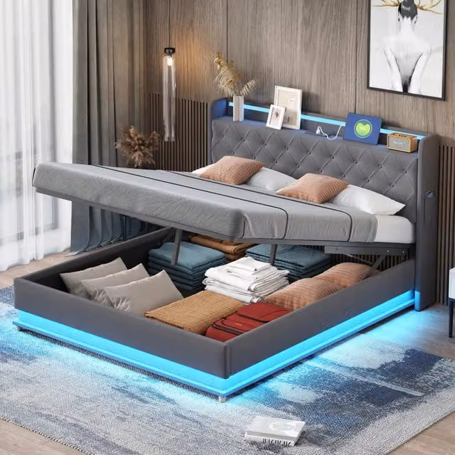 Letto imbottito 160 × 200 cm con LED multicolore USB vano contenitore idraulico rete a doghe in metallo grigio