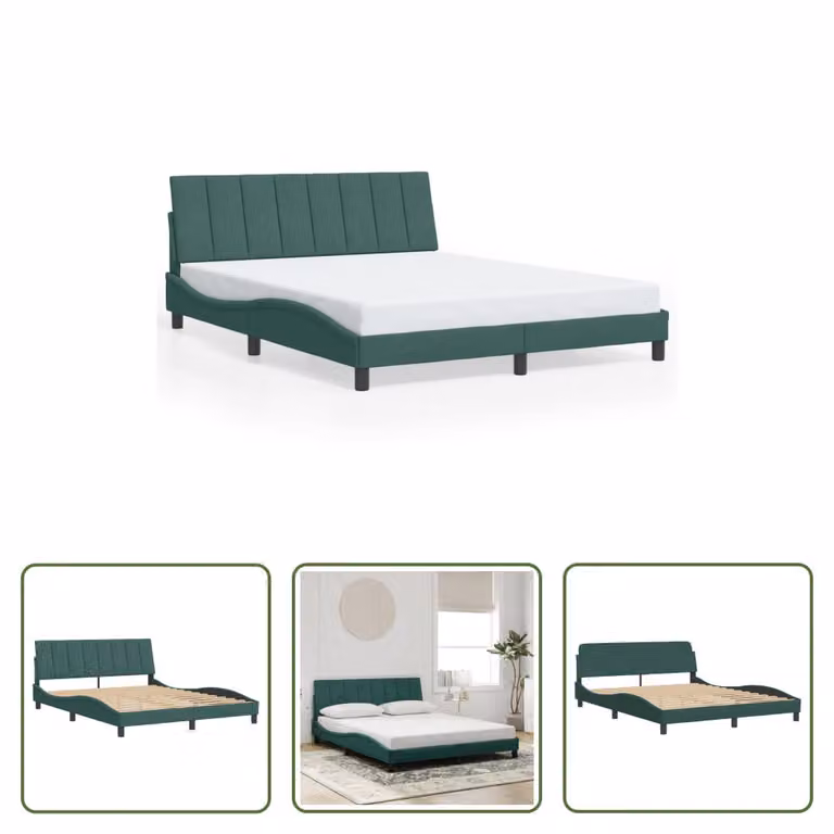 The Living Store Struttura letto con testiera in velluto verde scuro 160x200 cm