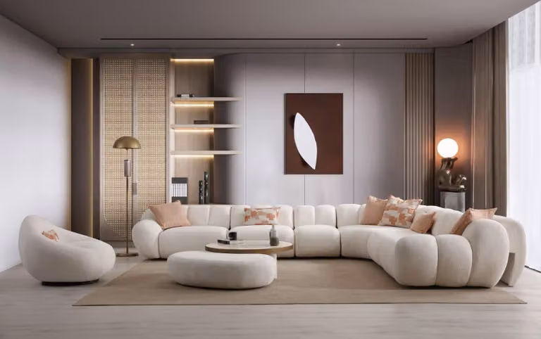 Weißes Wohnzimmer Set Designer Ecksofa Textilsessel Holz Couchtisch