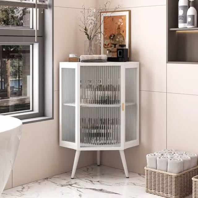 Armadio angolare da terra 80 cm, bianco, 2 livelli con ante in vetro temperato e ripiani, per bagno, soggiorno e camera