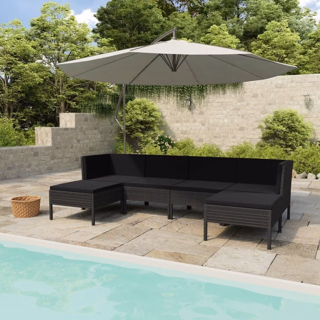 The Living Store Set da giardino da 6 pezzi con cuscini in poly rattan nero