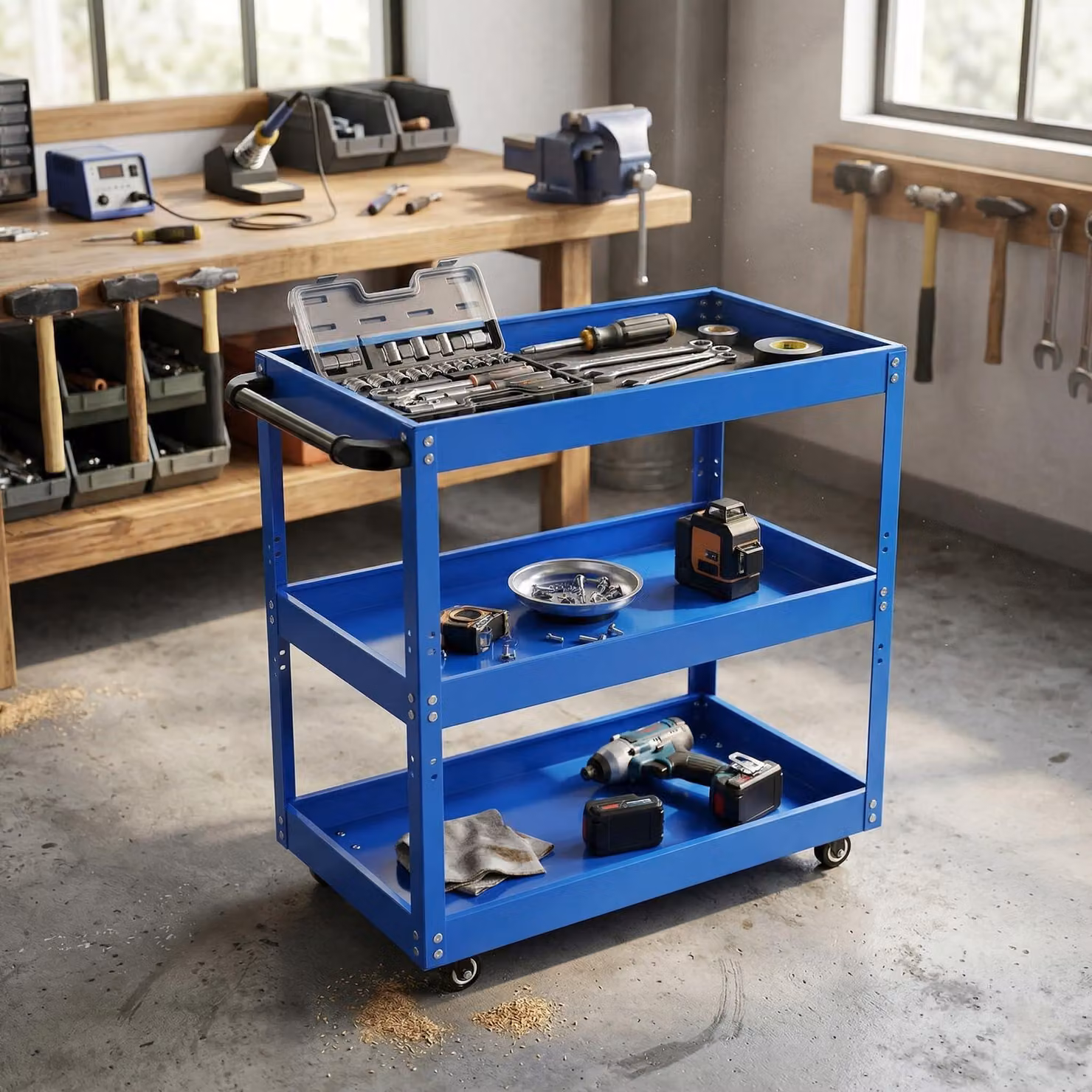 Carrello da officina a 3 livelli, in metallo, con ruote, mobile, ideale per officina e garage