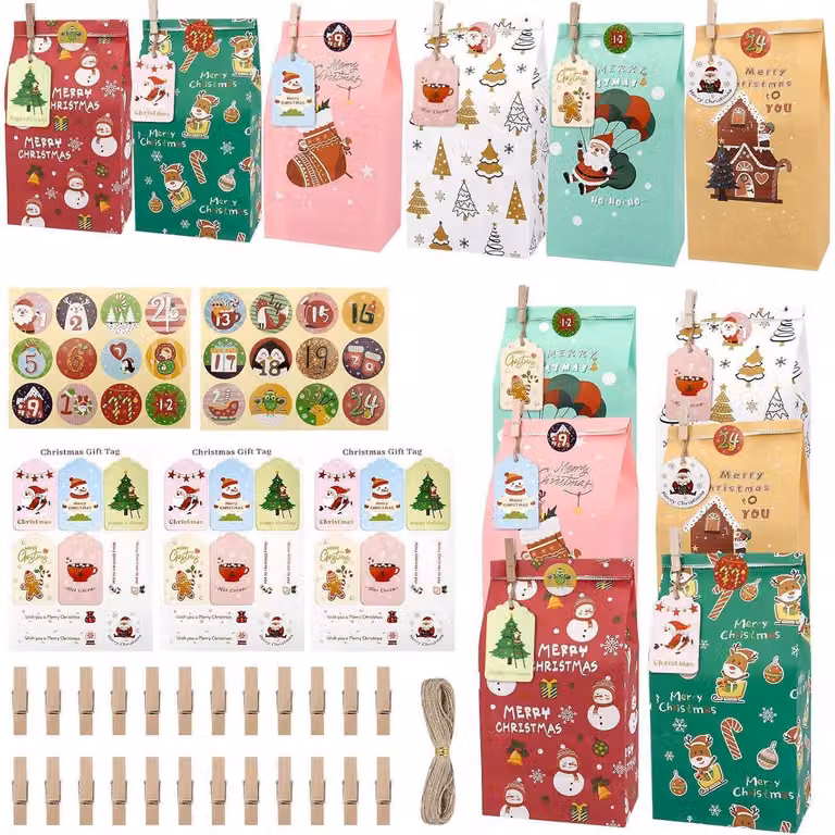 Calendario dell'Avvento da riempire, per bambini, con 24 sacchetti e numeri adesivi. Calendario di Natale fai-da-te, dimensioni 12 x 23 cm, realizzato in carta kraft