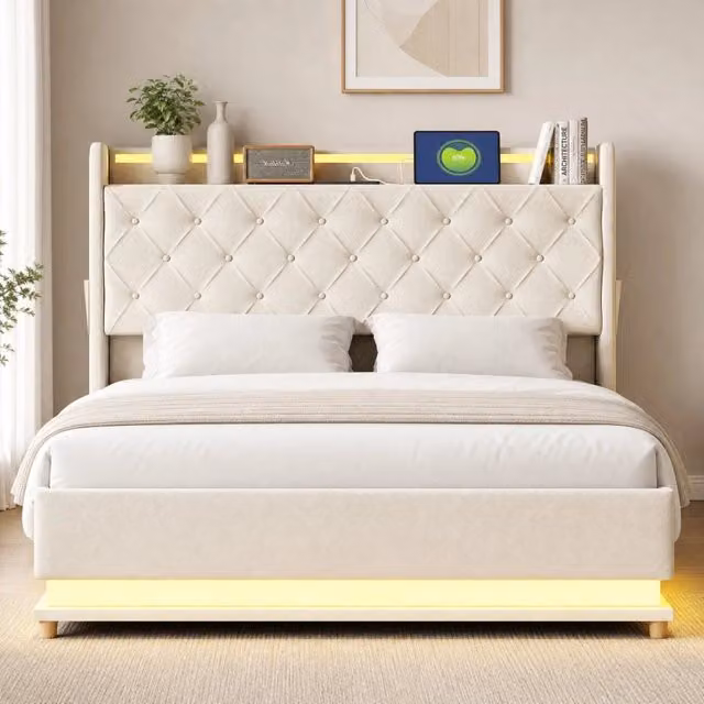 Letto imbottito MODFU con contenitore idraulico, illuminazione LED e porta USB, tessuto beige, L 140 cm x P 200 cm – 1