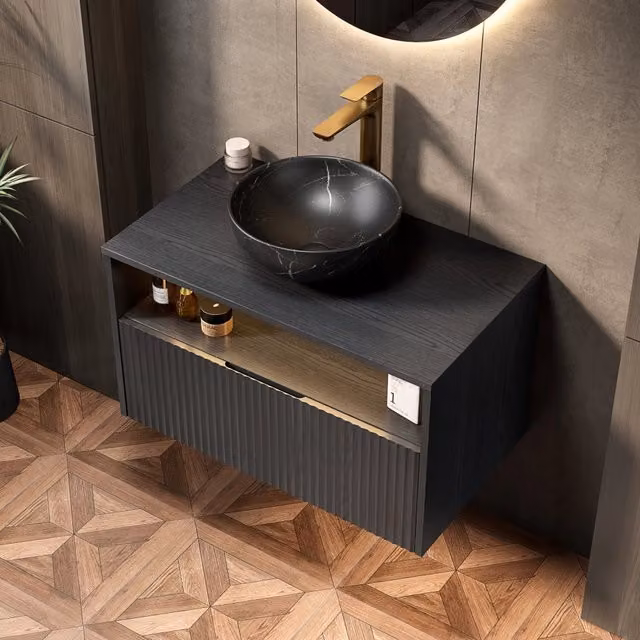 Mobile bagno sospeso da 80 cm con lavabo nero in ceramica