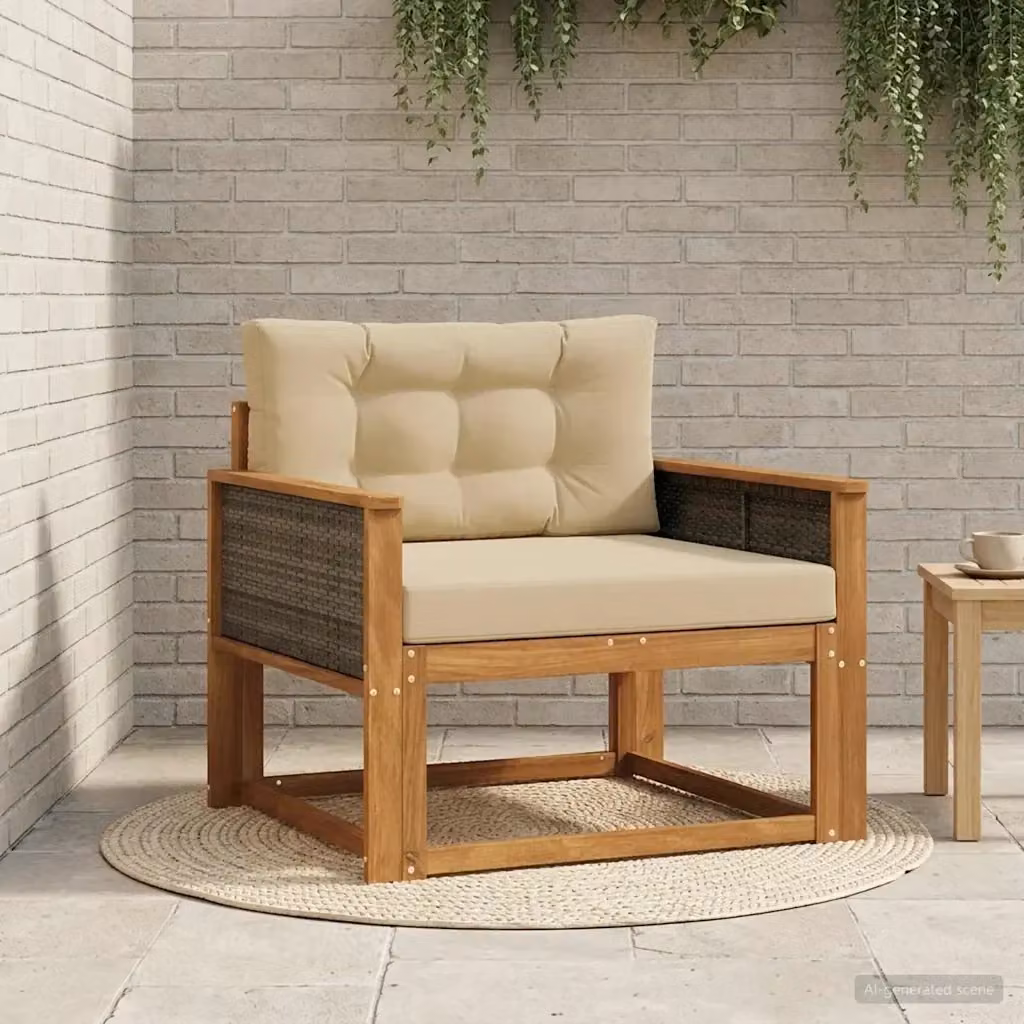 Divano centrale da esterno in legno di acacia con cuscini beige e marrone CFW8400370 – 2