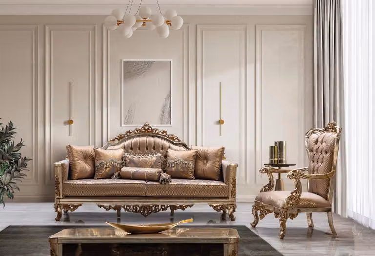 Sofa Set 3+1 Sitzer Gold Couchtisch Sofagarnitur Wohnzimmer Luxus
