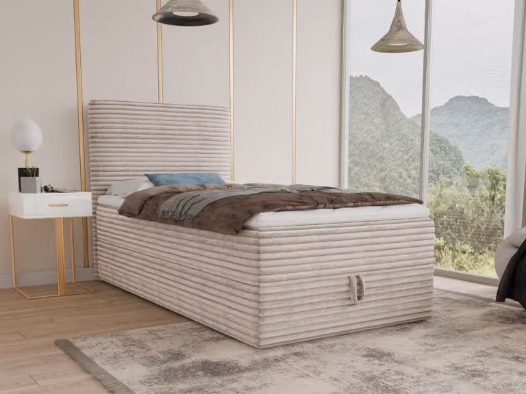 Letto boxspring Mollo Mini con contenitore e coprimaterasso - Letto singolo con materasso Bonell e coprimaterasso, letto imbottito in morbido velluto a coste, letto, camera da letto (Beige (Tilia 03), 80 x 200 cm)