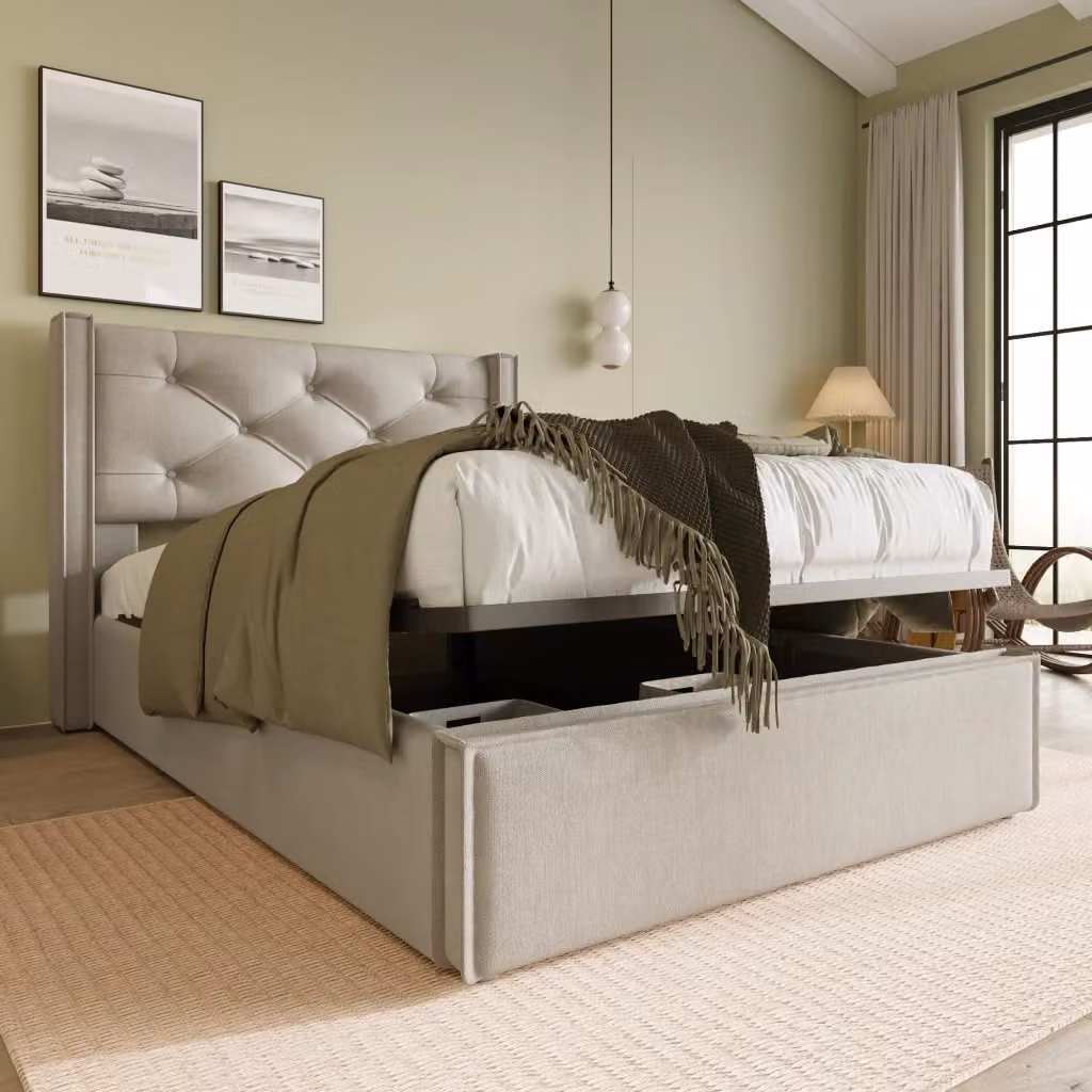 Letto contenitore singolo OKWISH con base a sollevamento idraulico e testiera imbottita, grigio, L/P/H: 90 x 200 x 110 cm – 2