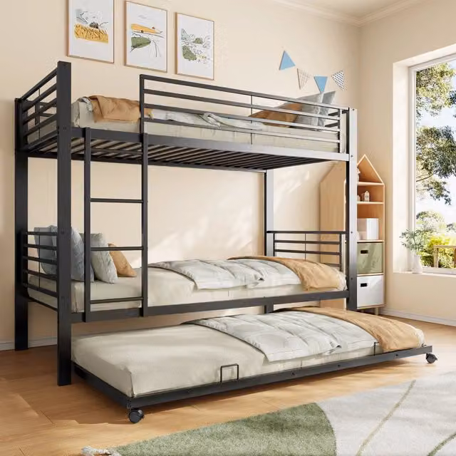 Letto a castello in metallo 90 x 200 cm certificato EN 747 con letto estraibile, protezione anticaduta e scala per 3 persone - Nero