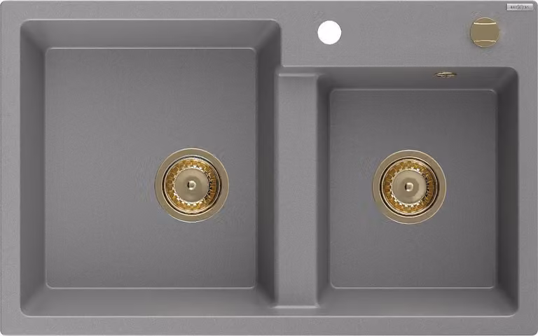 Mexen Tomas lavello in granito 2 vasche 800 x 500 mm, grigio, sifone dorato - 6516802000-71-G