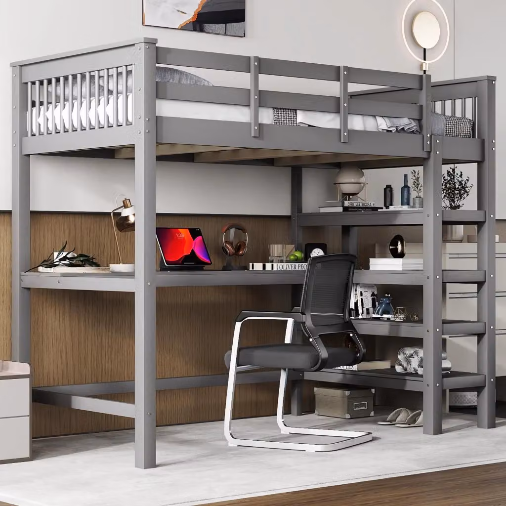 Letto a soppalco singolo OKWISH in pino e MDF con scrivania e ripiani, grigio, L/P/H: 200 x 90 x 207 cm – 2