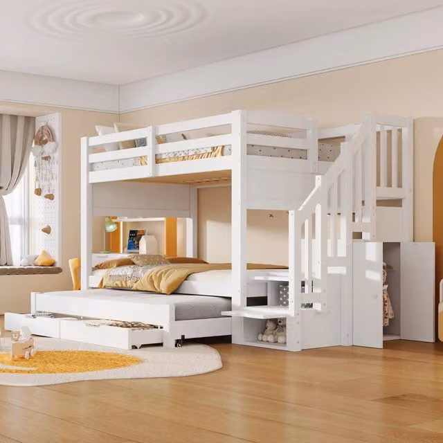 Letto a castello 90x200 con letto estraibile, 2 cassetti e scale contenitore, bianco