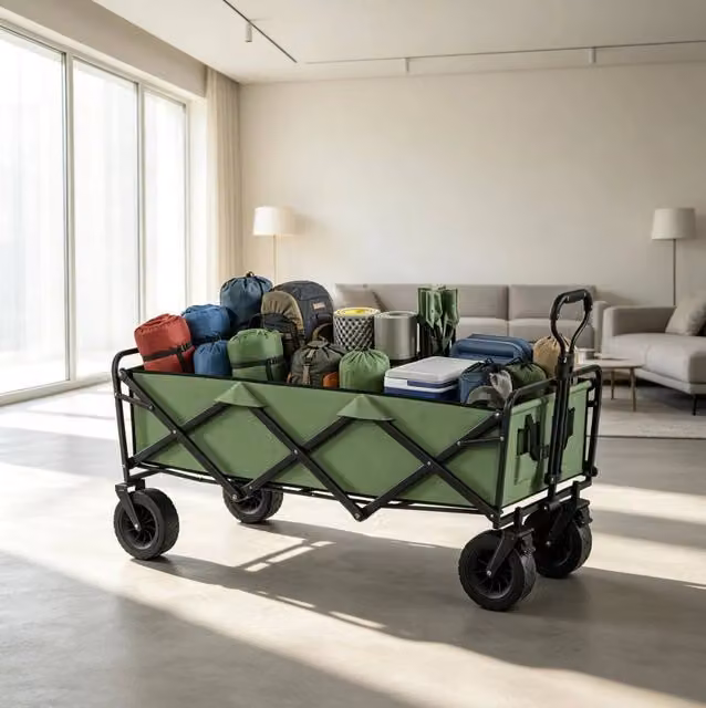 Carrello da giardino pieghevole verde 130 L con ruote frenate, maniglia regolabile