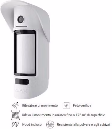 Ajax MotionCam Outdoor Rilevatore di movimento wireless da esterno bianco con foto-verifica degli allarmi, antimascheramento e immunità agli animali domestici