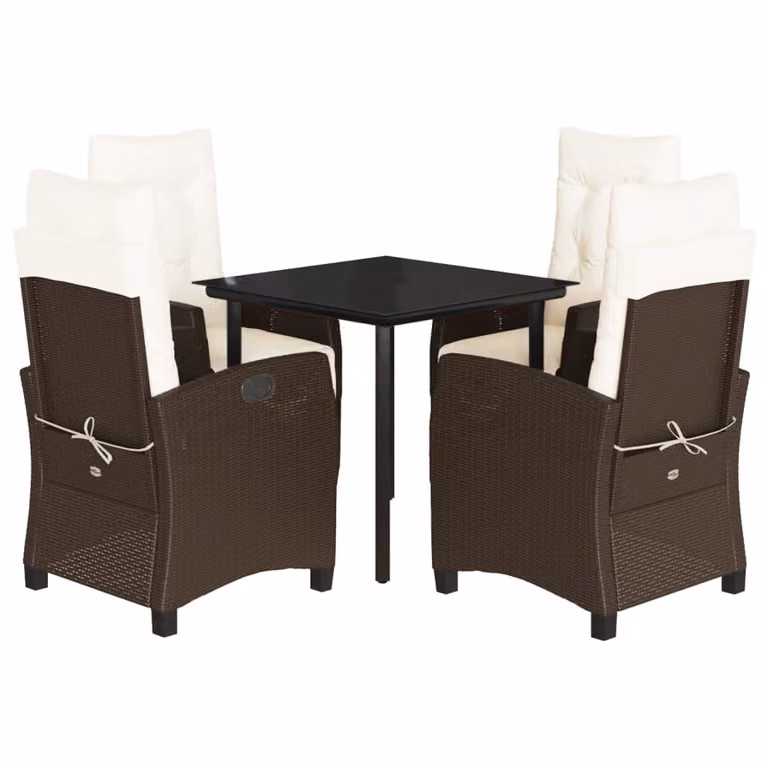 Set da Pranzo da Giardino 5pz con Cuscini in Polyrattan Marrone