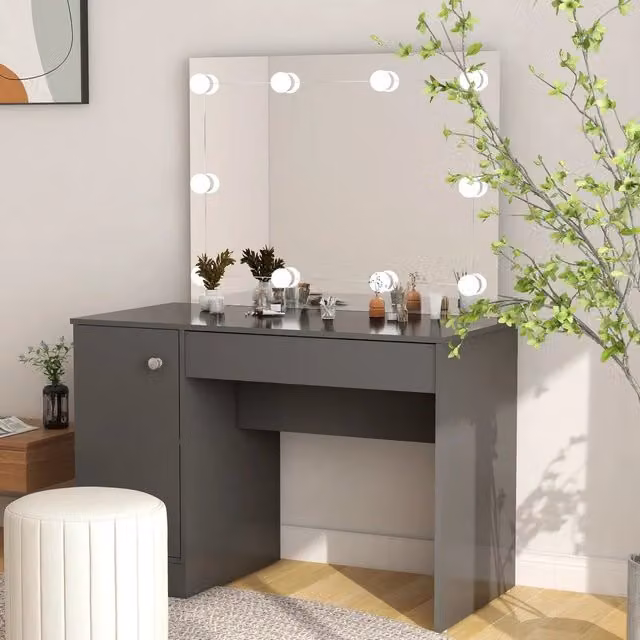 Toeletta Hollywood con Luci LED vidaXL in MDF Grigio L: 110 cm, P: 55 cm, H: 145 cm