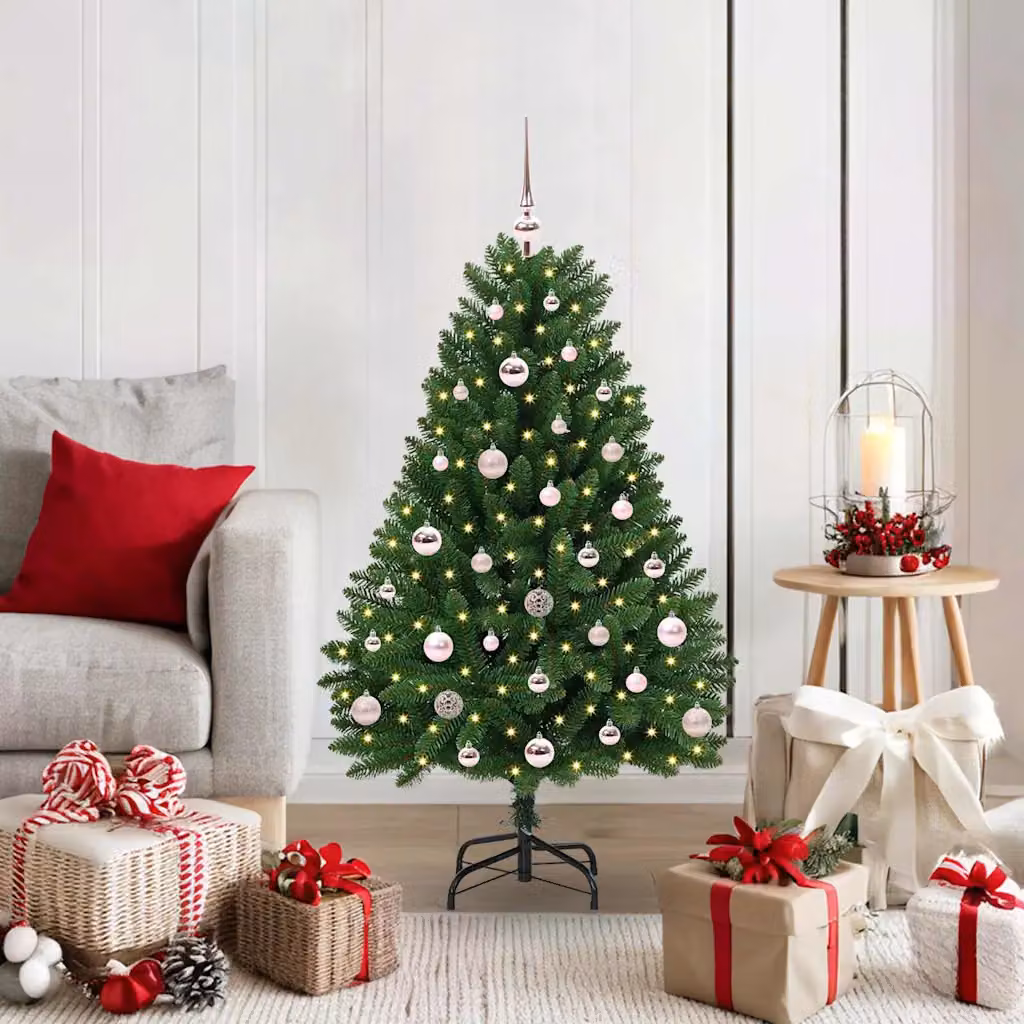 Albero di Natale artificiale verde vidaXL con luci LED bianco caldo, puntale e palline, Altezza: 120 cm