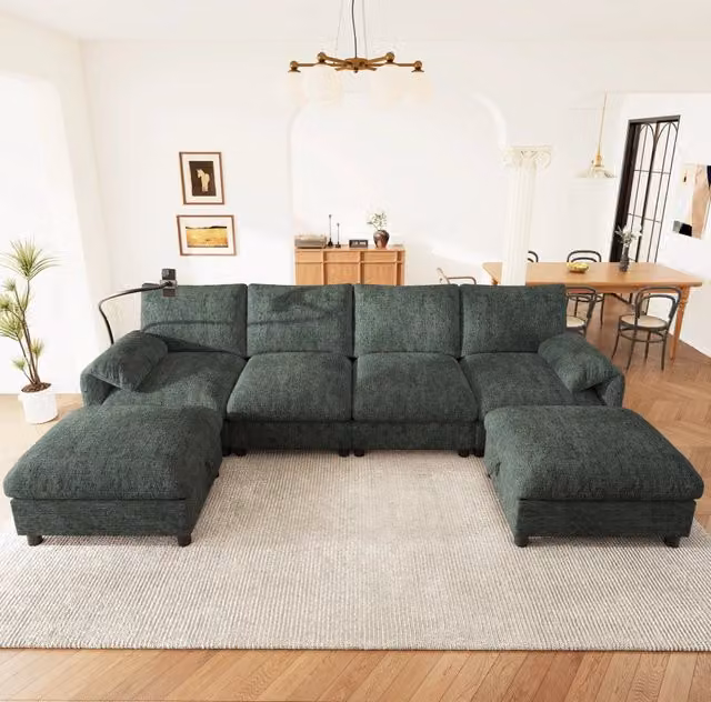 Divano modulare 6 posti configurabile a L/U in ciniglia verde con 2 pouf contenitore USB e Type-C