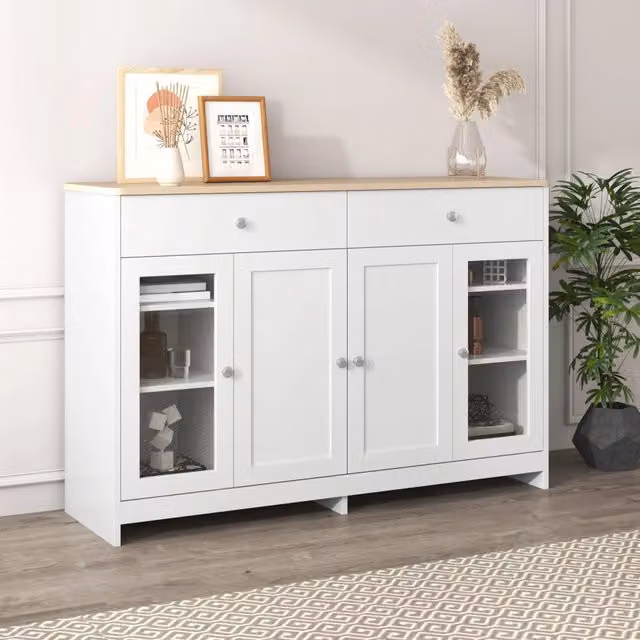 Madia REDOM in MDF e legno stile country, bianca e marrone, con 4 ante e 2 cassetti