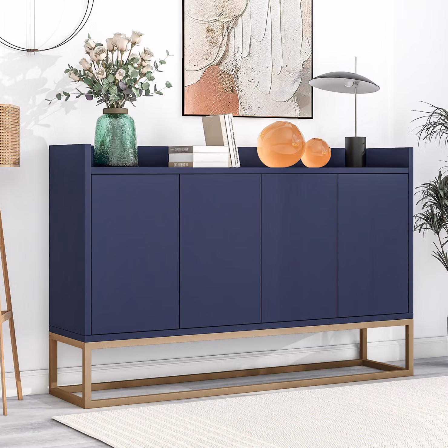 Bellissima cassettiera moderna con mobile credenza a 4 ante da 120 cm per sala da pranzo, soggiorno, cucina - Blu navy