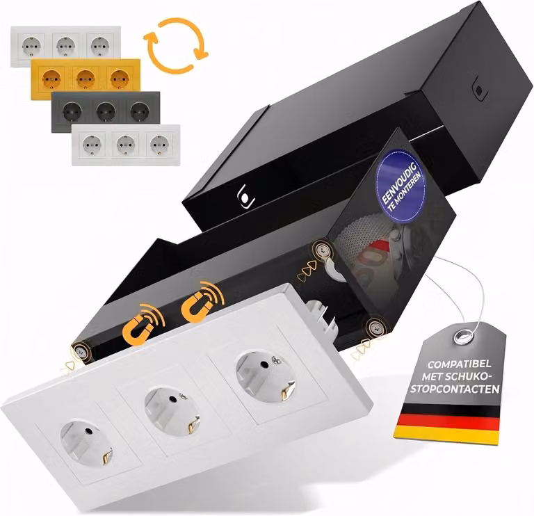 Presa multipla per tre connettori Schuko, da montare a parete, completa di presa tripla, con sistema di sicurezza