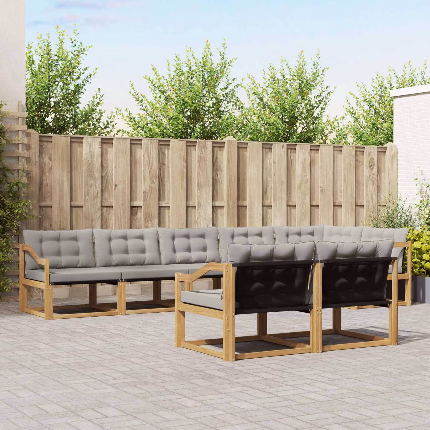 Set di divani da esterno vidaXL a forma di L composto da 8 pezzi in legno di acacia trattato e tessuto textilene, colori bianco, grigio e marrone, con cuscini inclusi