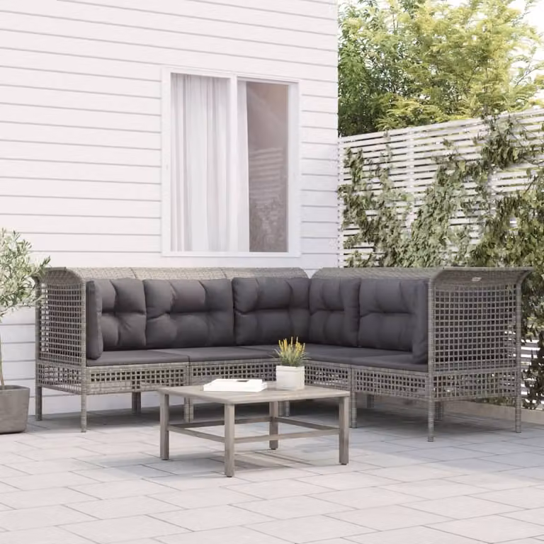 The Living Store Set da giardino 5 pezzi con cuscini in poly rattan grigio