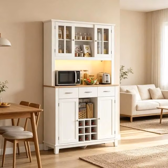 Credenza da cucina Mivray con LED integrati, portabottiglie, ante in vetro e ripiani interni, disponibile in bianco o marrone, L/P/H: 100 x 39.5 x 180 cm
