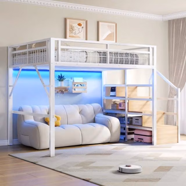 Letto a soppalco 140x200 cm con LED e scale con vano portaoggetti
