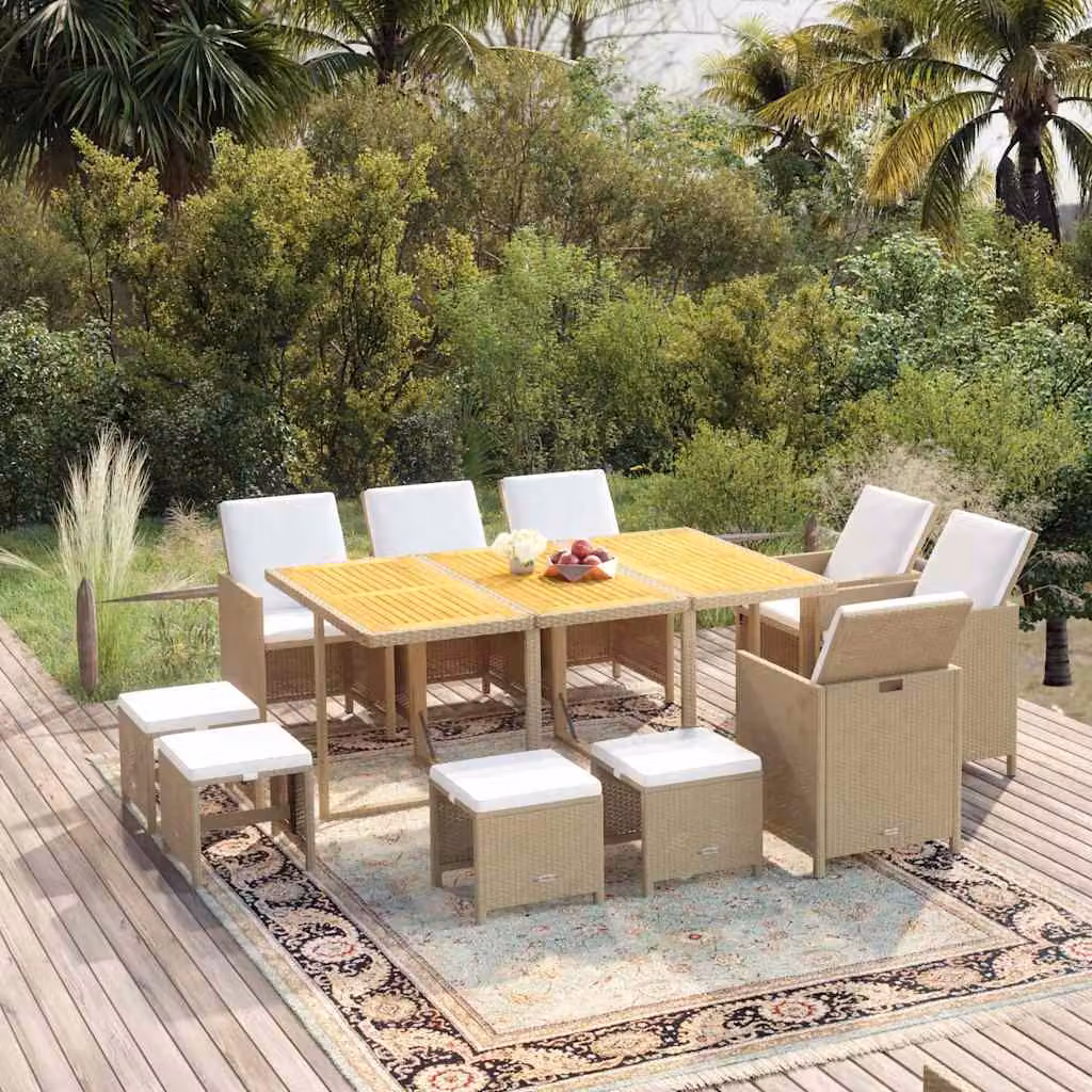 vidaXL Set da Pranzo da Giardino Moderno in Polyrattan e Legno di Acacia con 11 Cuscini Beige e Bianco