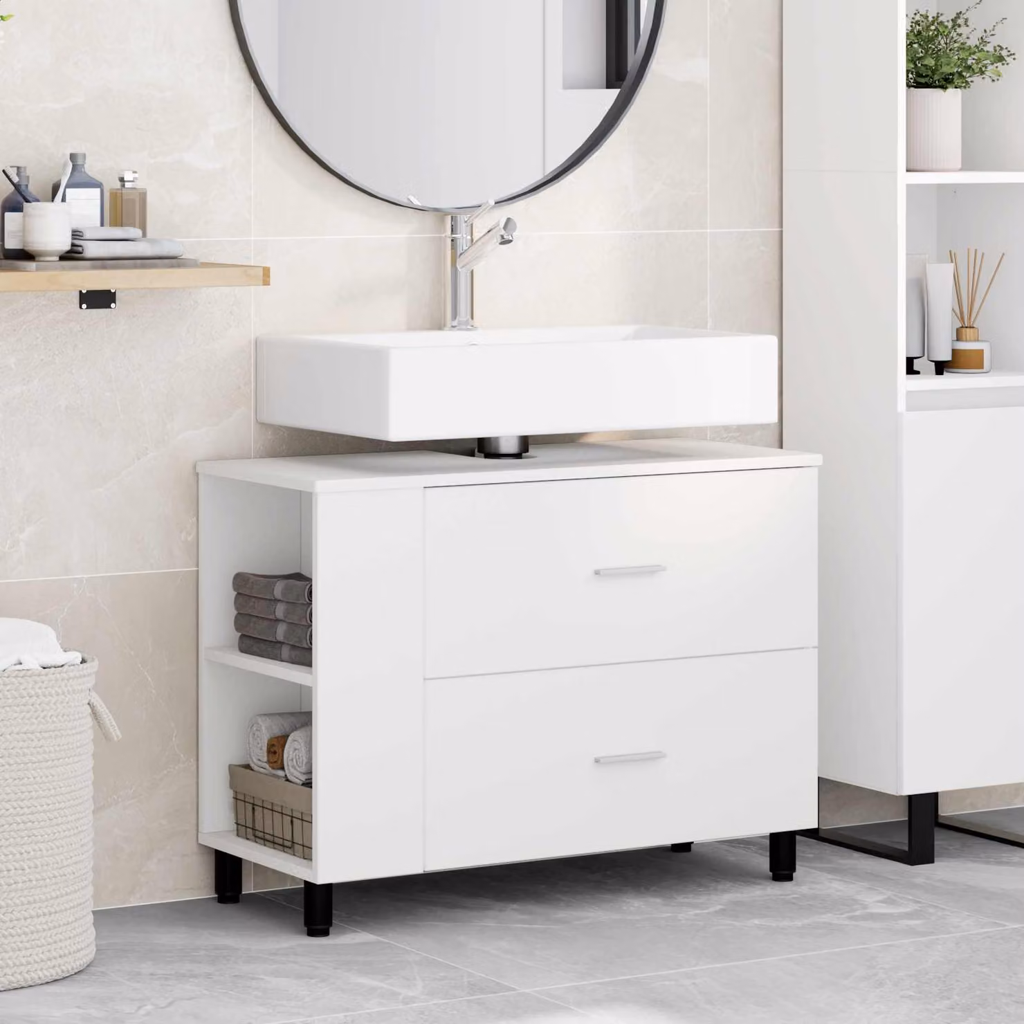 vidaXL Mobiletto da bagno moderno bianco in MDF e metallo L: 80 cm, P: 35 cm, H: 60 cm