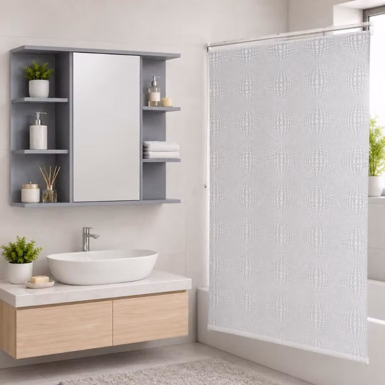 Set da bagno con armadietto a specchio (2 pezzi) – Tenda da doccia decorata e armadietto da parete a 8 ripiani