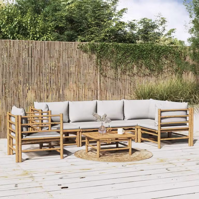 Set Salotto da Giardino vidaXL 7 Pezzi in Bambù con Cuscini Grigio e Marrone