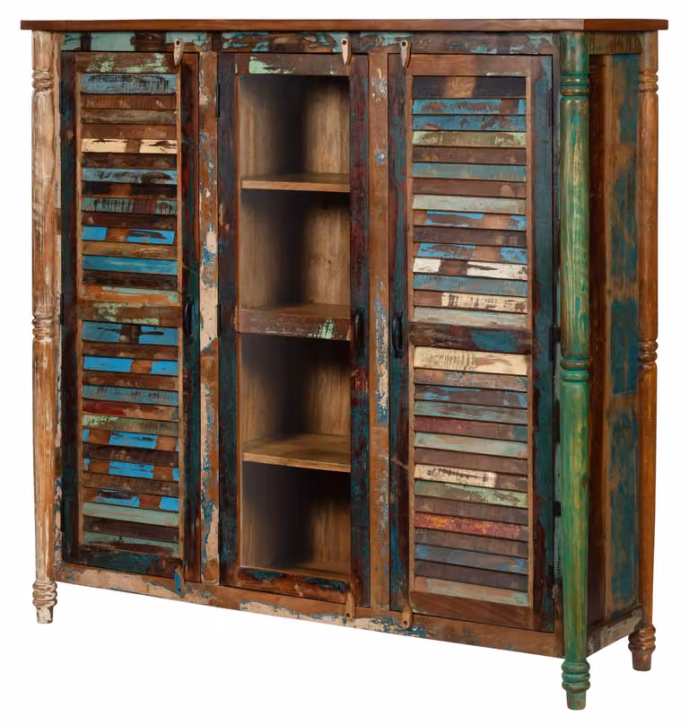 MASSIVMOEBEL24 | Credenza in legno di legno riciclato 155x45x150 laccato multicolore FABlE #37