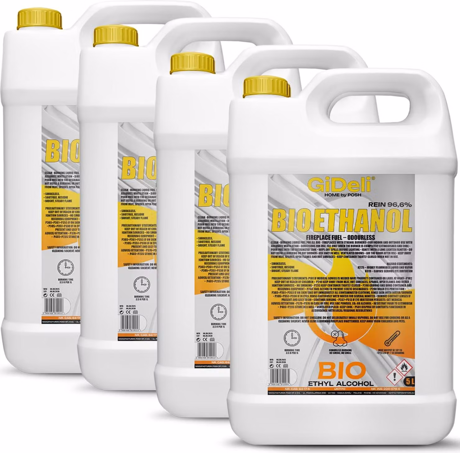 Bioetanolo inodore 96,6% 20L per caminetti universali senza fumo e senza fuliggine GiDeli
