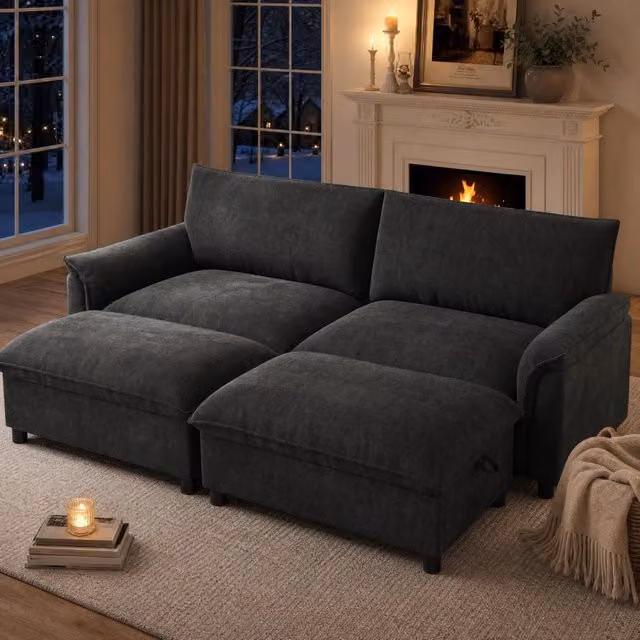 Divano modulare cloud con pouf mobili, schienale alto, seduta profonda, in ciniglia nera per soggiorno 216 × 77 × 82 cm