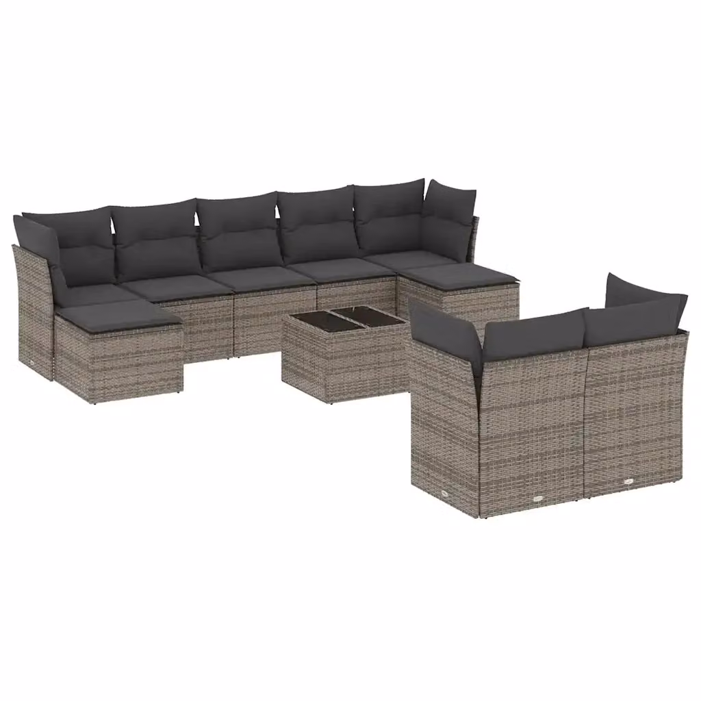 vidaXL Set Divano da Giardino 10 pz in Polyrattan Grigio con Cuscini e Tavolino da Caffè – 2