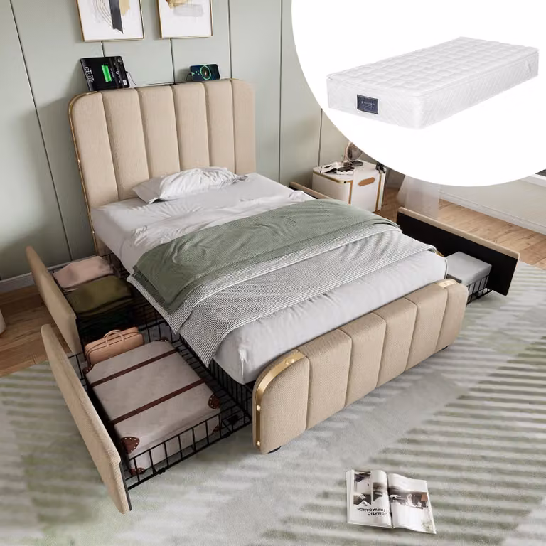 Letto imbottito 90 x 200 cm con 4 cassetti, funzione di ricarica USB e di tipo C, testiera imbottita con dettagli dorati, rete a doghe, colore beige