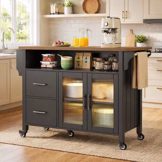 Isola da cucina ULEVR 139 cm con piano ribaltabile, 2 cassetti, anta in vetro e LED, MDF nero