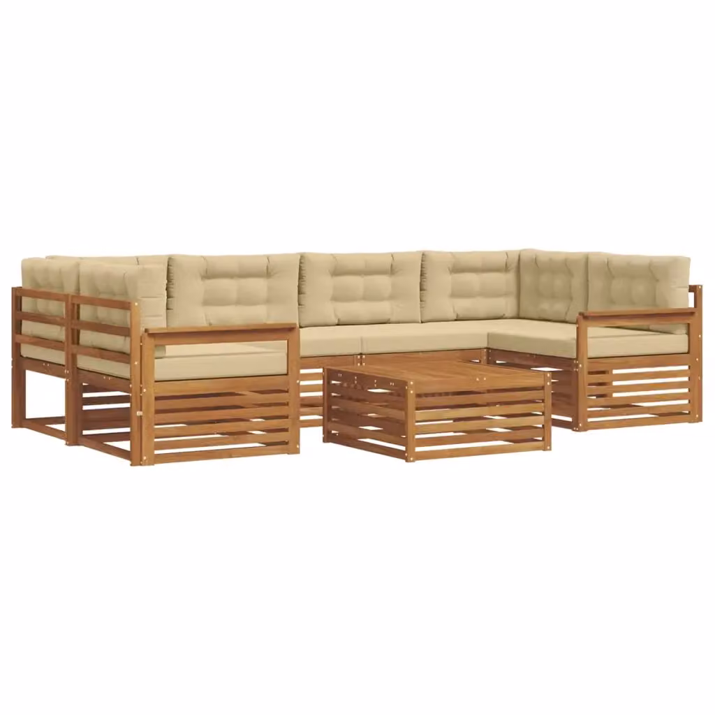 Set di divani da esterno a L con tavolino vidaXL in legno di acacia, colore beige e sabbia, composto da 7 pezzi con cuscini inclusi – 2